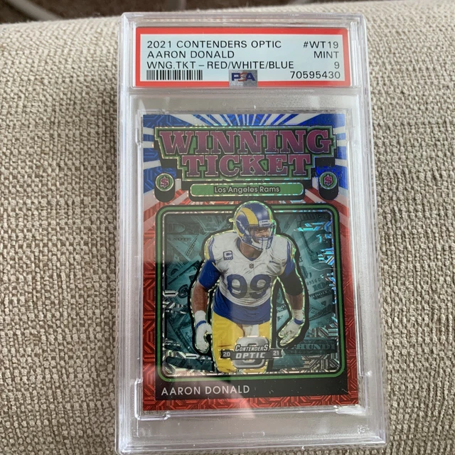 21-22 contenders optic Aaron Donald winning ticket red white blue /13 FOTL PSA 9