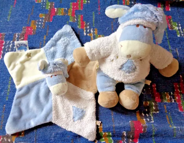 Nb/ Doudou Plat Peluche Noukies Ane Paco Blanc  Bleu Beige Sapin Etoile Tbe