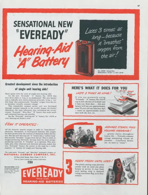 1948 Eveready Hearing Aid A Battery Breathes Oxygen From Air Vintage Print Ad C1