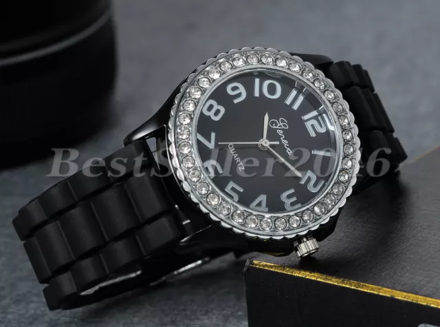 Casual Rhinestone Jelly Gel Silicone Band Quartz Analog Wrist Watch Women Girls 3