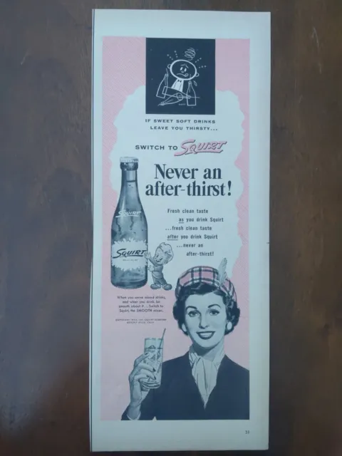 1954 vintage squirt soda print ad. Pink background, switch to squirt
