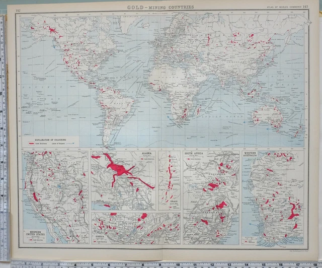 1906 Map World Commerce Gold Mining Districts Export Siberia Alaska Urals