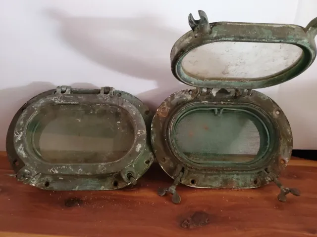 Pair VINTAGE BRASS OVAL MARITIME PORTHOLES, w/Screens  MEASURES 7-1/4" x 10-1/4"