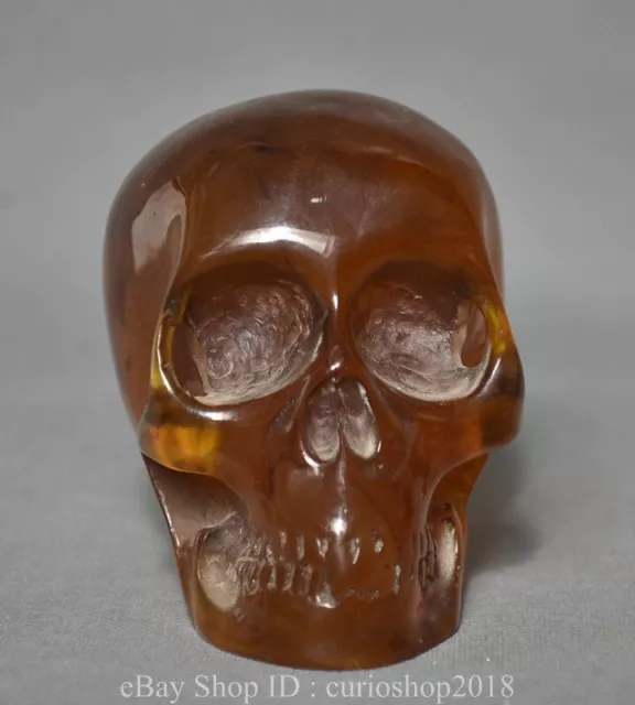 4.4 " Old Chinese Red Amber Carved Human skeleton Skull Head Statue