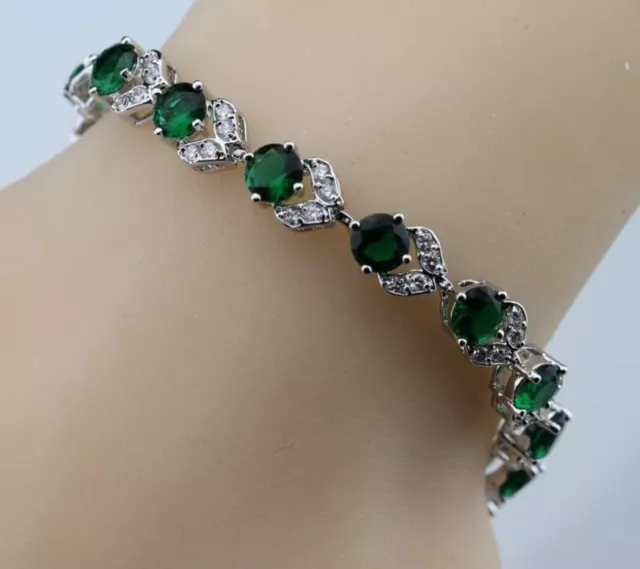 Green Lab-Created Emerald  and  Topaz Tennis  Sterling Silver Ext  Bracelet