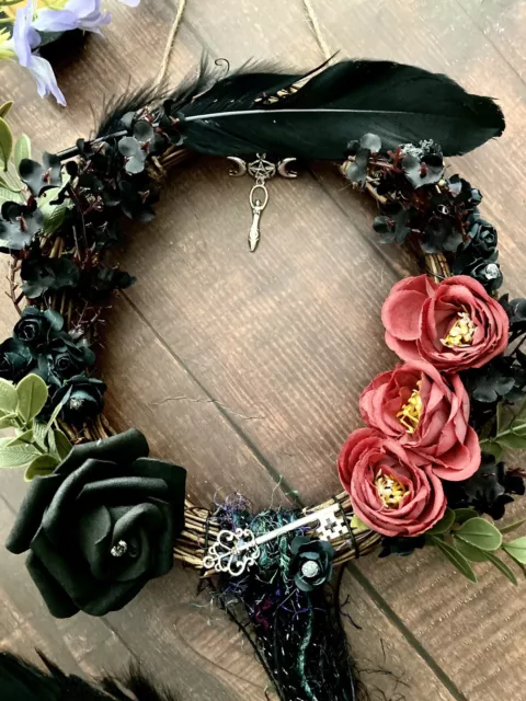 Pagan Morrigan Wall Hanging Wreath Wiccan Witch Lavender Black Rose Feathers 🖤