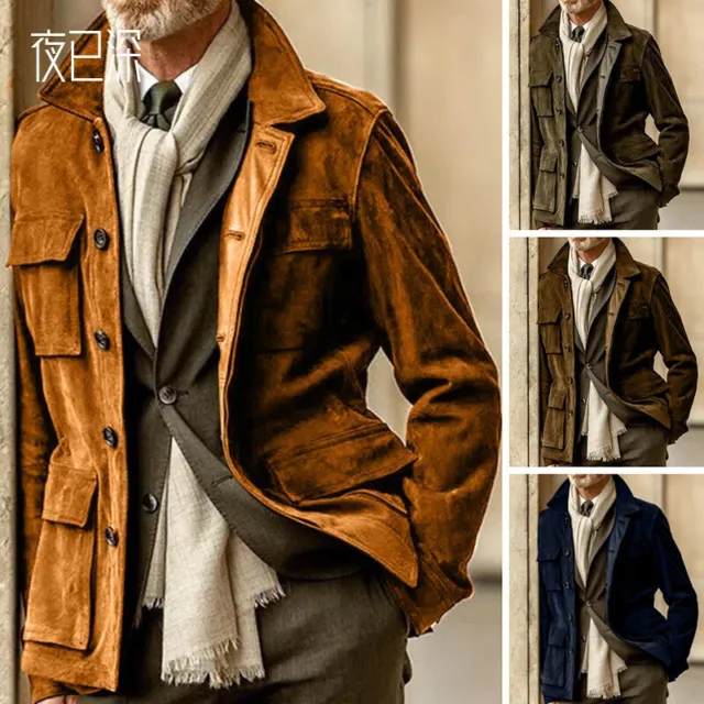 Men's Business Casual British suede Retro Slim Waist pocket Hunting Coats Jacket