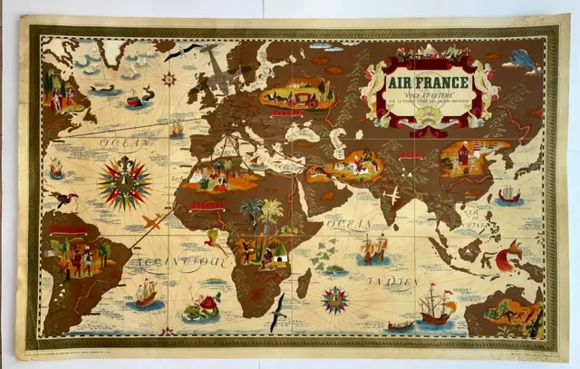 World Map Air France Airlines 1939 Lucien Boucher Very Large Pictorial Map
