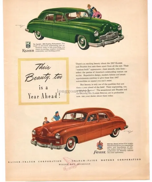 1946 KAISER Special Green 4-Door FRAZER Orange 4-door art Vintage Ad