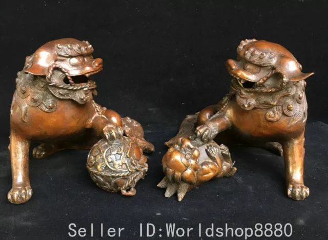 9.6" Old Chinese Bronze Fengshui Foo Fu Dog Guardion Lion Statue Sculpture Pair
