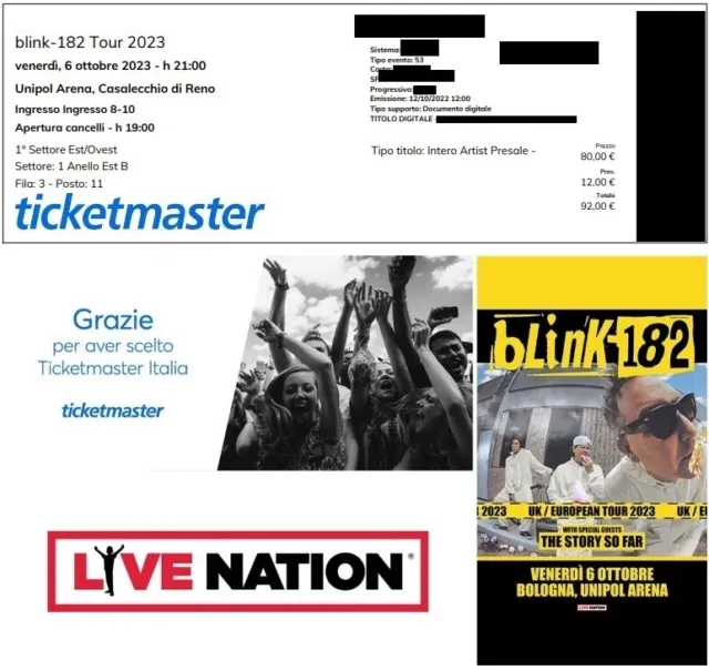 n.2 Biglietti Ticket VICINI settore numerato concerto Blink-182 06/10/23 Bologna 2