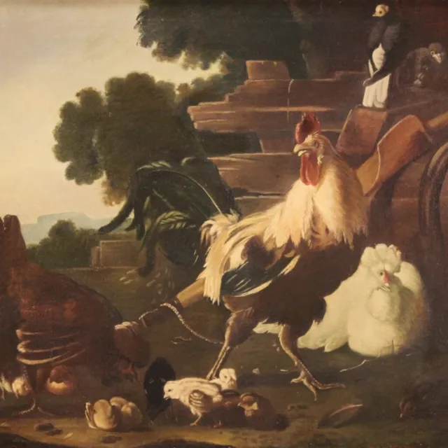 Pintura antigua óleo lienzo cuadro firmado marco gallinero gallo gallinas 800