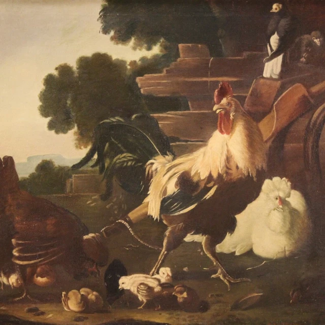 Pintura antigua óleo lienzo cuadro firmado marco gallinero gallo gallinas 800 Pintura antigua óleo lienzo cuadro firmado marco gallinero gallo gallinas 800
