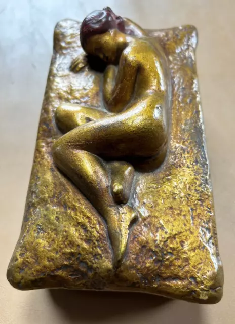 Antique plaster Art Deco Art Nouveau trinket box with nude on lid