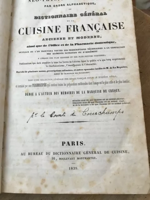 Gastronomie Néo-Physiologie Du Goût Comte De Courchamps 1839 E.o.