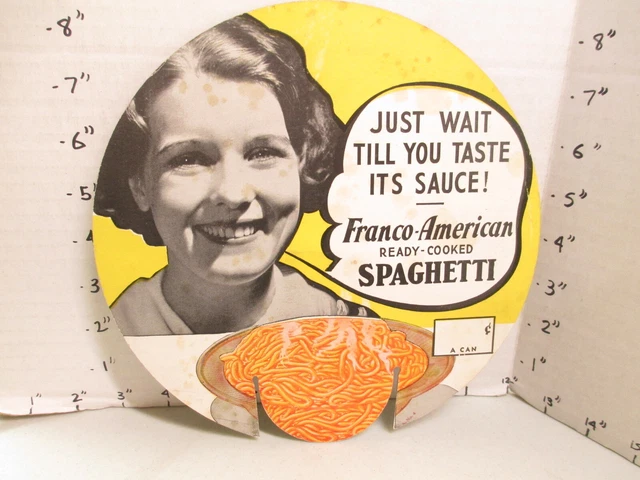 Franco American 1930s ready-cooked spaghetti can pasta store display sign