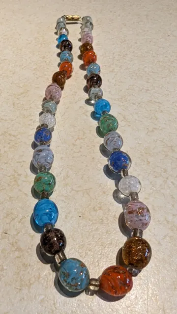 VTG Italian VENETIAN MURANO Sommerso Aventurine GLASS BEAD NECKLACE Multi-Color