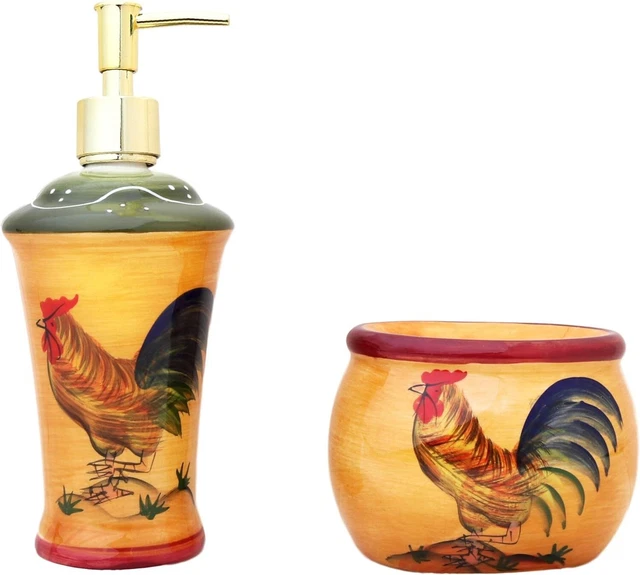 Tuscan Sunshine Country Rooster Hand Painted Soap Dispenser and Sponge Holder