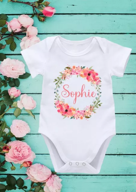 Personalised Name Floral Wreath Cool  Cute Baby Girl Vest Baby Shower Gift 217