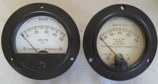 (2) Used 3 1/2" AC Volt Panel Meter - Triplett 331-5, 0-50V & Weston 476, 0-150V