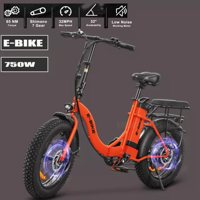 Axiniu 750W 20'' Electric Folding Bicycle 7Speed Fat Tire Snow Beach City Ebike