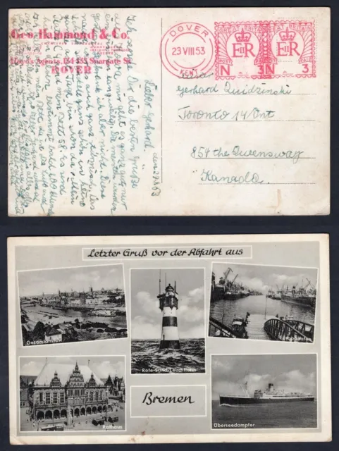 GB Dover 1953 Advertising Meter on Postcard to Canada. Geo Hammond Ship Brokers