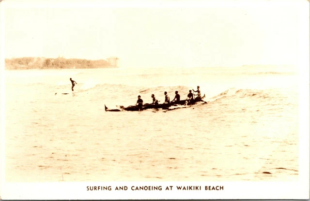 Postcard Surfing & Canoeing at Waikiki Beach, Hawaii RPPC 1940's, Real Photo  N7