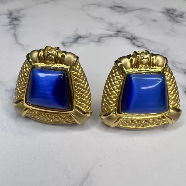 Vintage Egyptian Revival Style Blue Cat Eye Gold Tone Estate Clip On Earrings