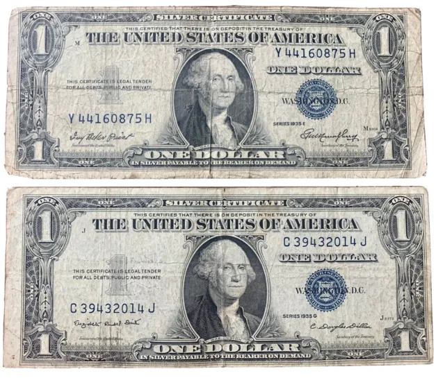 2 ONE DOLLAR SERIES 1935-G AND 1935-E Blue Seal Silver Certificates, Offsets