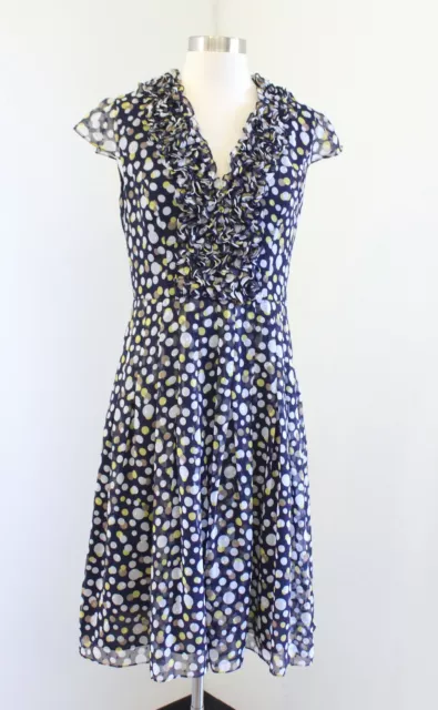 Adrianna Papell Blue Polka Dot Ruffle Pleated Fit and Flare Dress Rockabilly 4