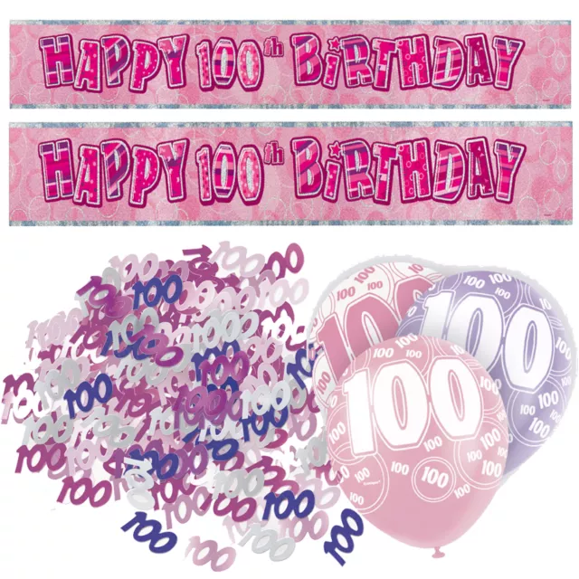 Pink 100th Birthday Banner Party Decorations Pack Kit Set Balloons Glitz Girl