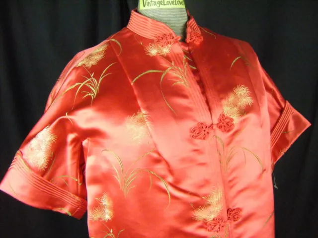 Vintage 60-70s Rojo Floral Bordado Floral Oriental Brocado Seda Jacket-Bust 42/M 3
