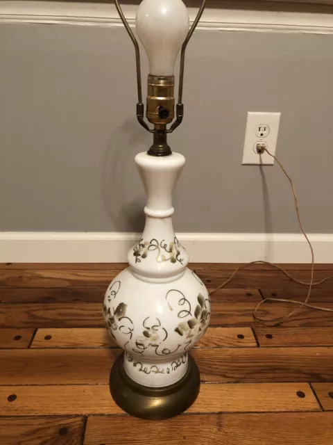 White Satin Glass Table Lamp/Brass Base Hand Painted Gold Floral Design Vintage