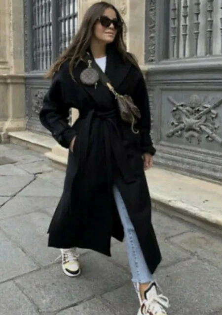 MANTEAU ZARA MANTECO laine mélangée avec ceinture taille L noir