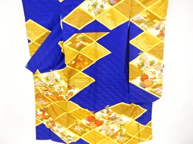 98102# Japanese Kimono / Antique Furisode / Embroidery / Diagonal Grid & Kik