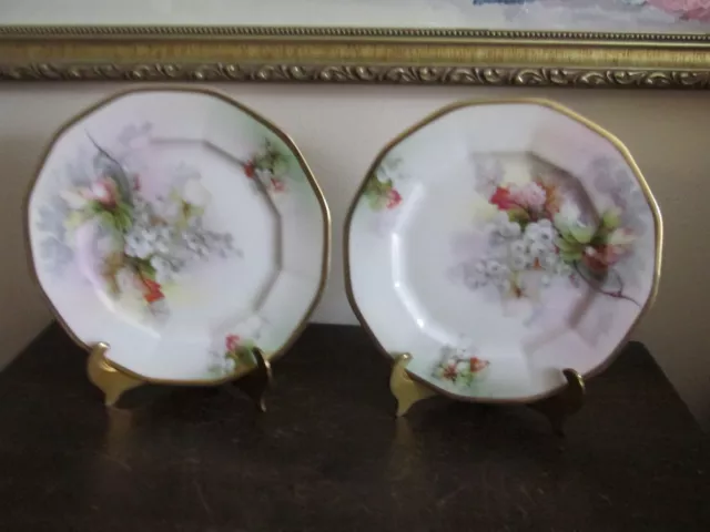 Pair Schwarzburg Germany Handpainted Plates Signed Rein Grape With Brass Stand