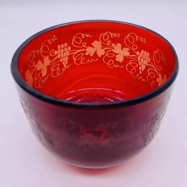 Vintage Ruby Red Cranberry Glass Bowl Etched Grapevines Grapes 3 1/2" Tall