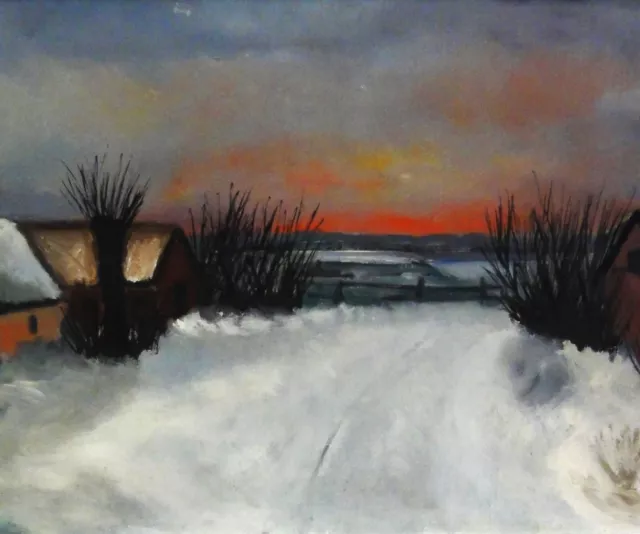 G. Busk (XX) TOP-Impressionismus-Gemälde ~1970: DORF IM SCHNEE BEI SONNENAUFGANG