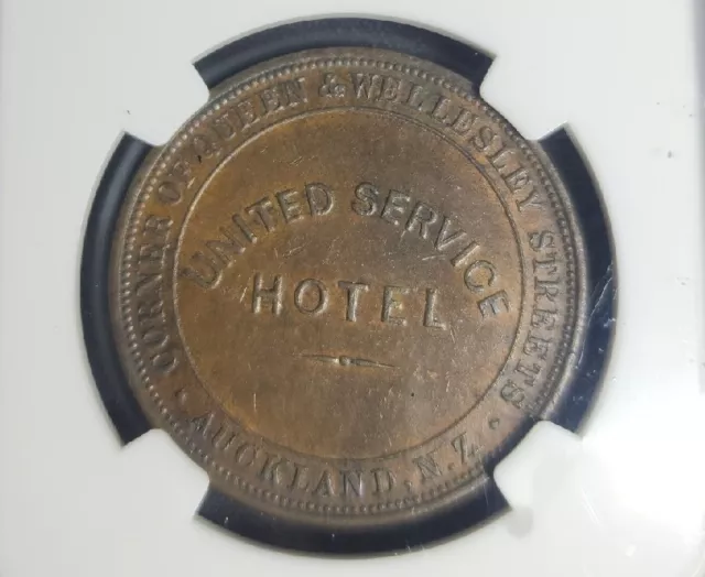 New Zealand 1874 Penny United Service Hotel - NGC AU 55 BN 2