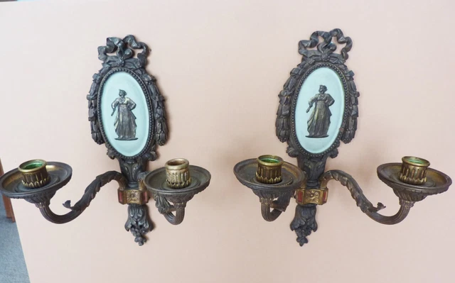Antique 19th Century Ornate Cast Brass & Bronze Wall Double Candle Sconces