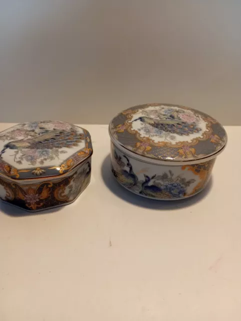 2 XOriental Style Grey Ceramic Trinket Box With Peacocks & Gilt Decoration