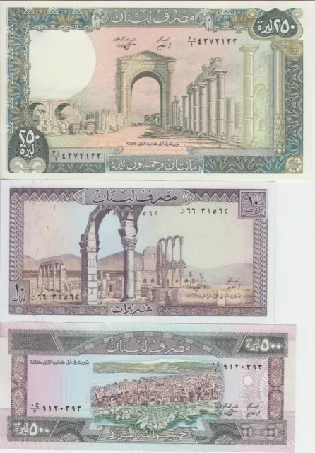 Lebanon Banknote P63f, 67e & 68 10, 250 & 500 Livres 1986-88, UNC     2001