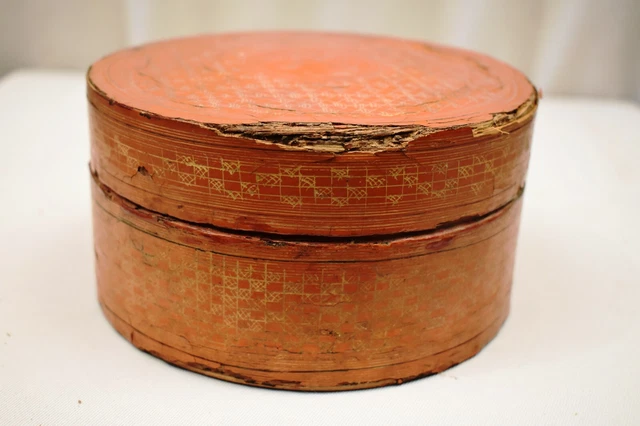 Vintage en Laque Boîte Thanakha Bu Myanmar Rangement Conteneur Main Peint Vieux 3