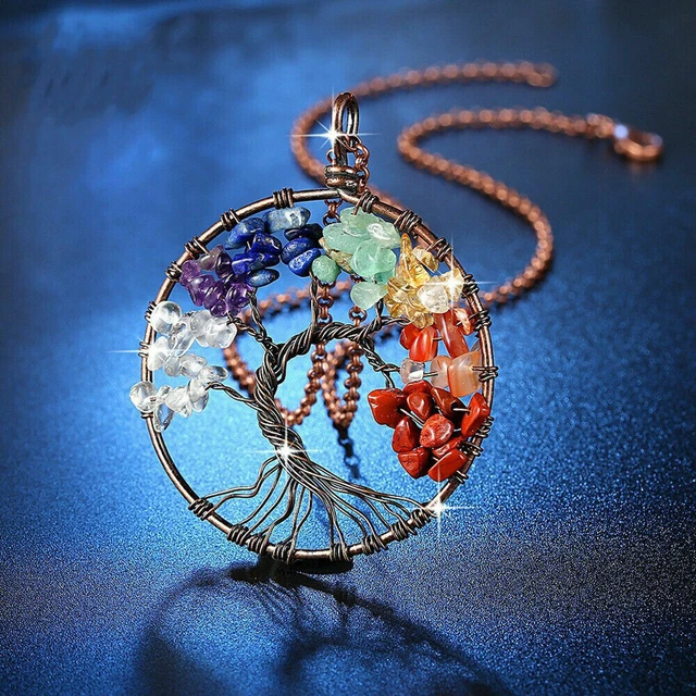 Tree of Life Circle Pendant 7 Chakra Genuine Gemstone Healing Energy Necklace
