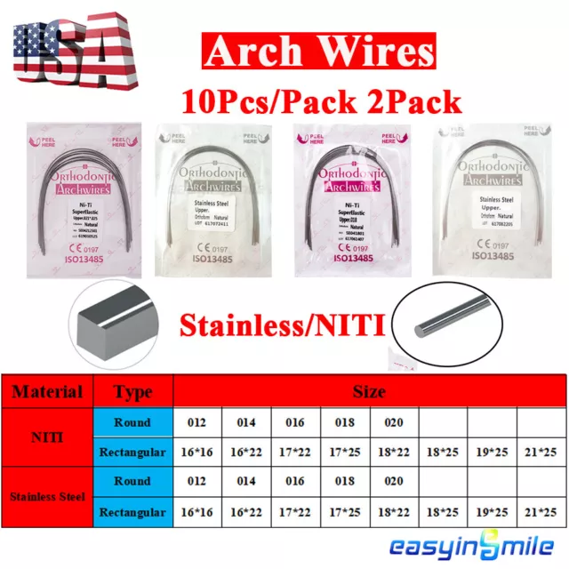 10Pk Dental Ortho Super Elastic Arch Wires Stainless/NITI Rectangular/Round U/L