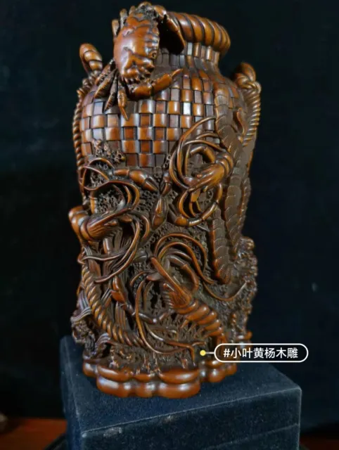 6.3" Collect China Box-Wood Hand Carving “鱼虾满仓” Statue Brush Pot