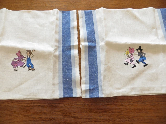 2 Vintage Linen Hand/Dish Towels Country Folk UNUSED