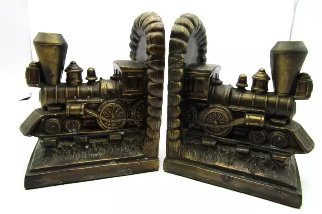 Train Locomotive Bookends Brass Gold Tone Set Of 2 Tarnished 7"x 5" Vintage