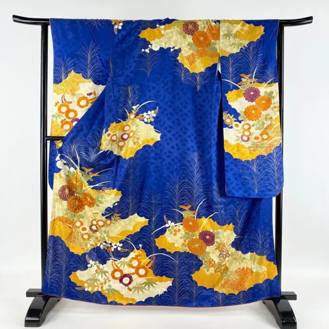 Japanese Silk Kimono Vintage Furisode Gold Kiku Cloud Design Embroidery Blue 64"