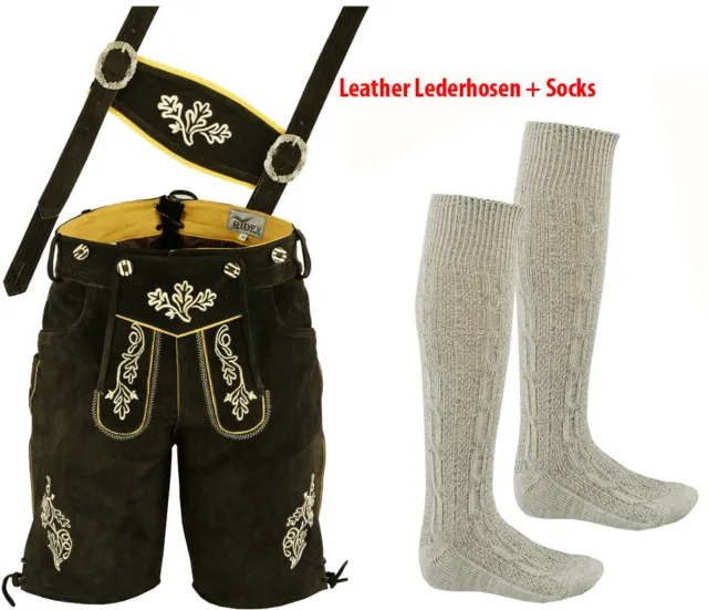 Oktoberfest Dark Brown Leather Lederhosen Short + Socks for Mens